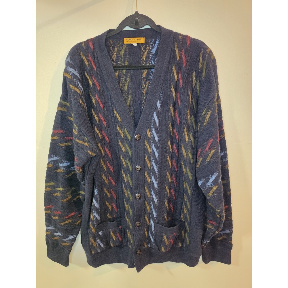 Vintage Portocruz Cardigan XLT Raised Knit Abstract Wool Blend Grandpa Cosby